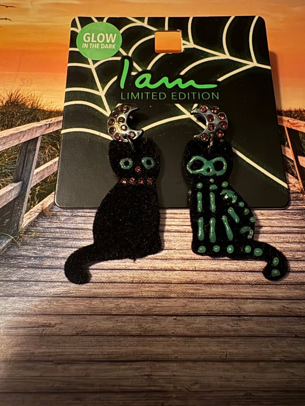 I AM GLOW IN THE DARK SKELETON HALLOWEEN VELVET BLACK CAT KITTY MOON EARRINGS